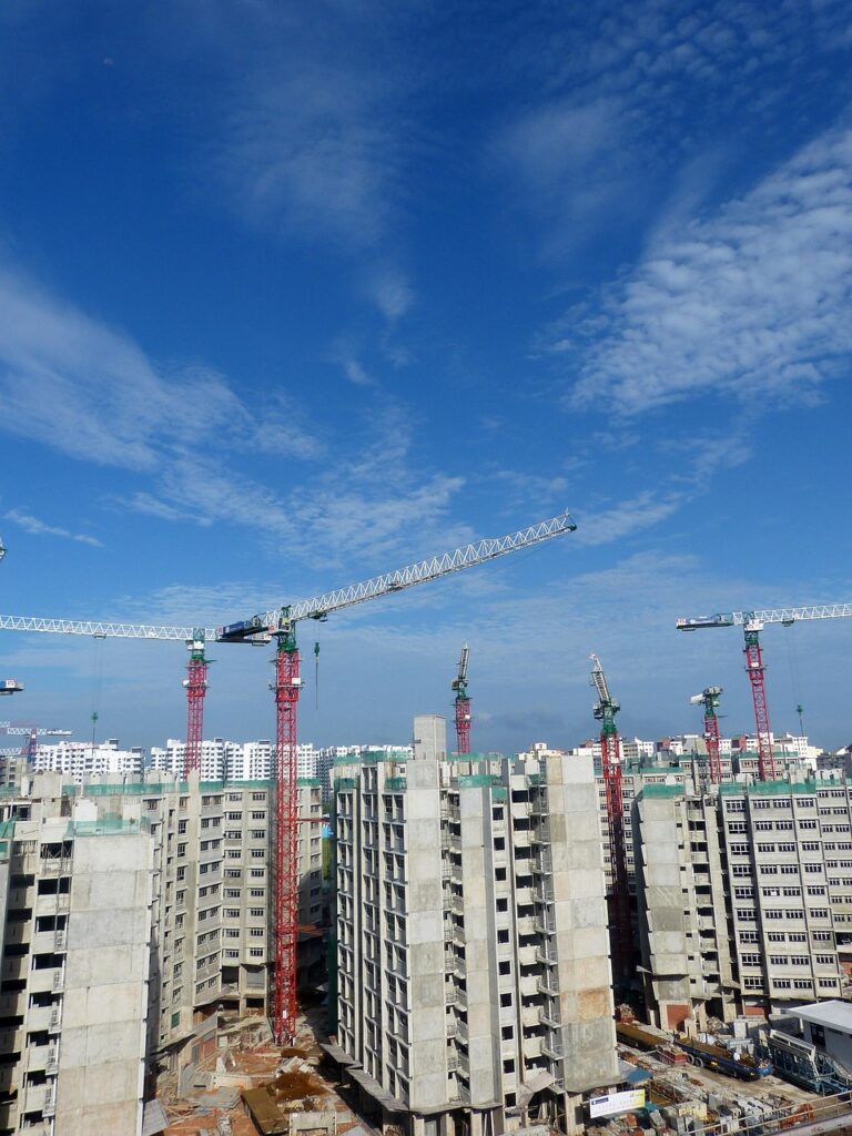 construction, site, cranes, building construction, helmet, architecture, blue sky, blue, building, heavy equipment, build, metal, sky, building site, construction site, housing, singapore, men at work, under construction, nature, cloud, blue construction, blue metal